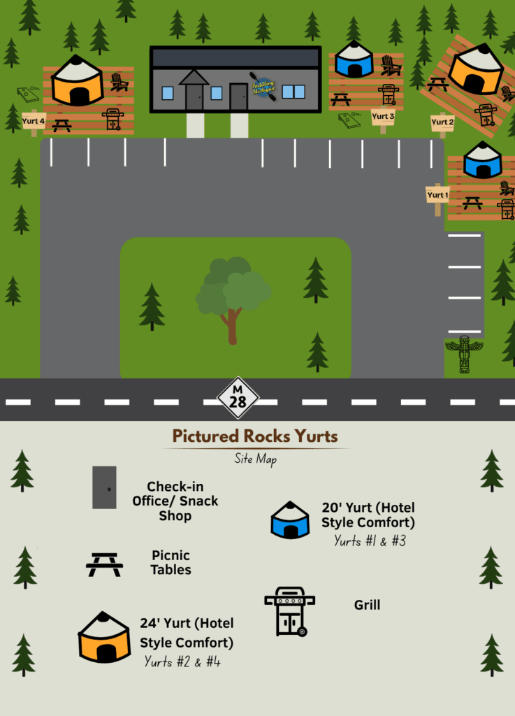 Illustrated site map of Pictured Rocks Yurts in Munising, showing yurt locations, parking, picnic areas, grills, and the check-in office.
