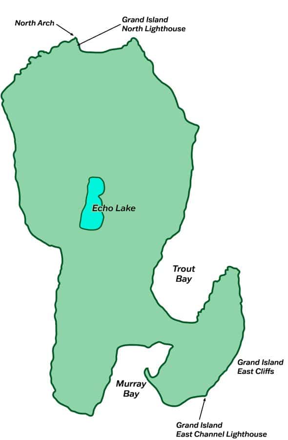 Map of Grand Island showing its landmarks, bays and lighthouses